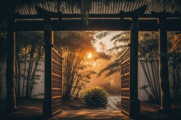 Sunlit bamboo garden created with Generative AI 