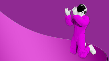 Astronauts praying against a pink 3D animated cartoon background