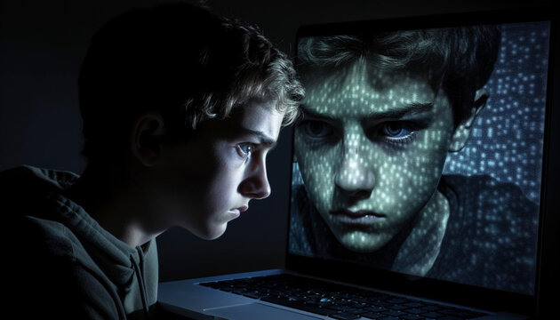 Young adult hacker working on spooky laptop generated by AI