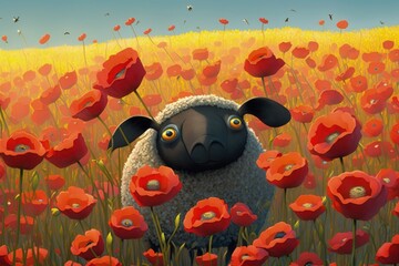 Adorable black sheep in red poppies created with Generative AI 
