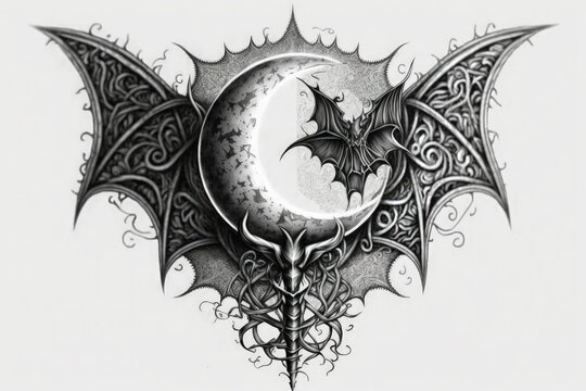 Black and white symbols with bat and moon created with Generative AI 