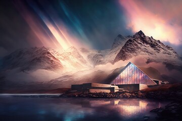 Magical luminous citadel. Winter landscape created with Generative AI 