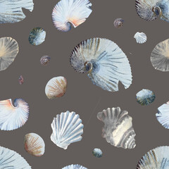 Harmonious shell pattern. Shell, repeated background texture. Free-nand. Vintage underwater fabric creation mode