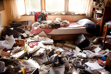messy room. compulsive hoarding disorder concept. generative AI - obrazy, fototapety, plakaty