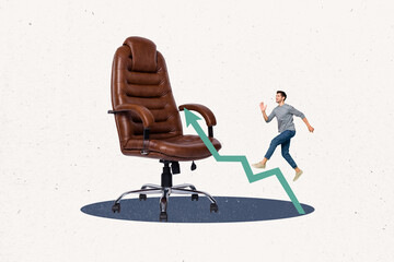 Composite collage image of mini positive guy run climb growing arrow upwards huge leather boss...