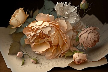A delicate arrangement of pale pink roses and baby's breath tied together with a satin ribbon. Crated using generative AI.