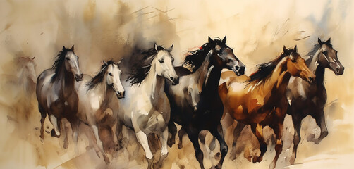 group of horses watercolour painting Generative AI