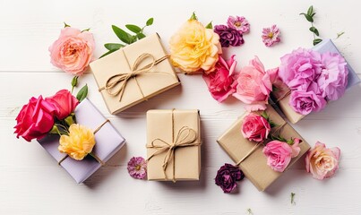 Festive floral composition with craft paper gift boxes, Valentine's day, Womans day, mothers day greeting card, generative AI