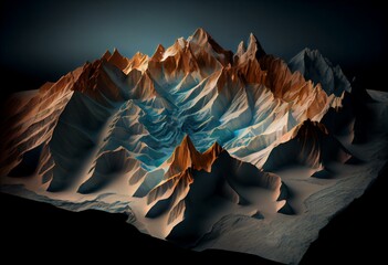 Obraz na płótnie Canvas Mountains and reliefs, virtual reality, simulation. Hud. Connections and links, social networks. Terrain and augmented reality. Simulator and land overflight. Particles. 3d render. Generative AI