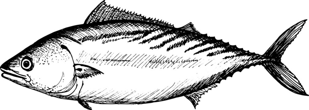 Detailed hand drawn black and white illustration of Atlantic Bonito fish
