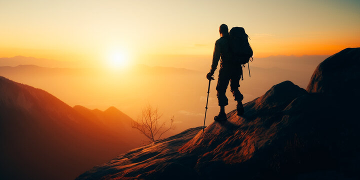A climber with a prosthesis on a rock in a mountain valley at sunset