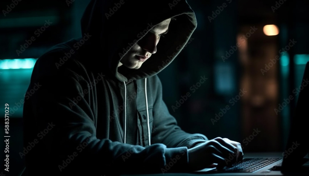 Poster dark city one thief hacks backlit computer password generated by ai