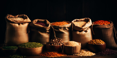 Assorted pulses in burlap bags in a row as a backdrop for a full shot with chickpeas