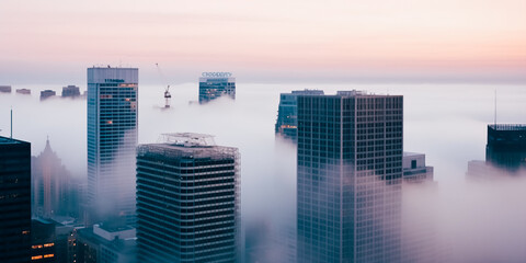 Business skyscrapers in the fog of the financial district and modern architecture. The concept of skyscrapers, fog and clouds. Morning lighting