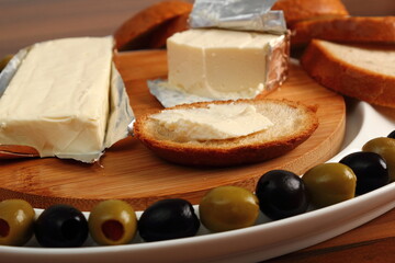 Processed cheese and bread. Breakfast. Appetizer series.