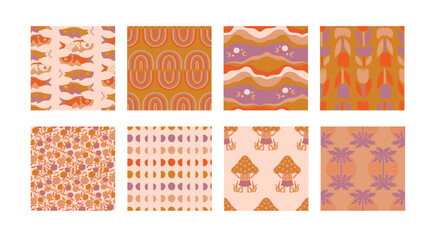 Seamless Pattern Modern Boho Flower Groovy Magical Line Art 70th 