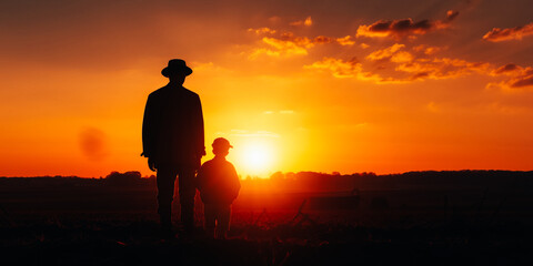 Farmer and his son in front of a sunset agricultural landscape. Man and a boy in a countryside field