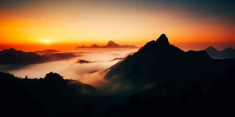 Mountain peak surrounded by fog at sunrise