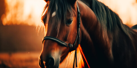 Horse with horsehair, illuminated at sunset