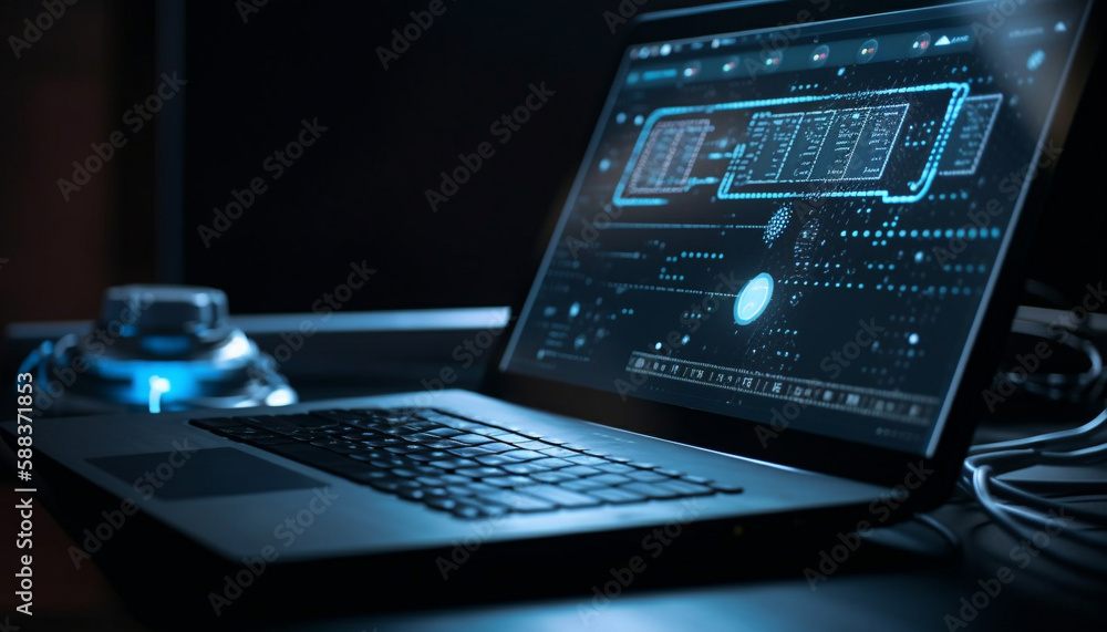 Poster working late, modern office illuminated by computer generated by ai