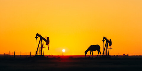 Silhouette of two oil pumps on the background of beautiful yellow sunset sky