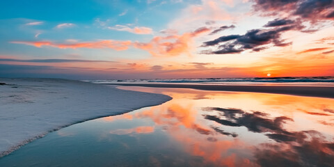 Sunset on the beach in the reflection of the clouds