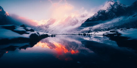 Naklejka na ściany i meble Mountain lake with perfect reflection at sunrise