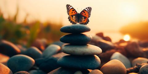 The concept of harmony in life. Surreal butterfly on the stonework in the garden. A metaphor for the balance between nature and technology
