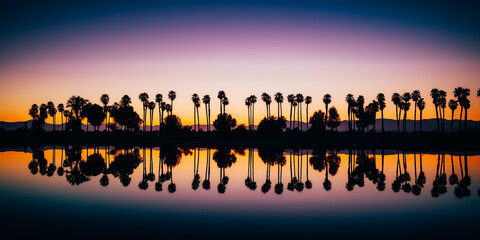 Silhouettes of palm trees illuminated on a summer day at sunset under a cloudless sky with reflections in the lake
