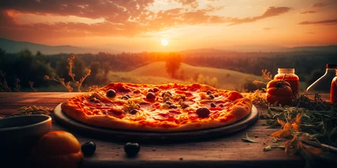Foto op Plexiglas Vegetarian pizza in a photo of a mountain landscape © v.senkiv