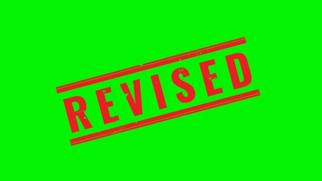 Animation of revised stamp and hand stamping impact rubber stamp red colour grunge style white green black background.
