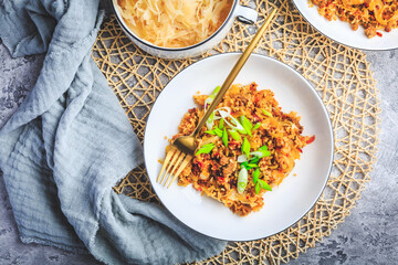 Risotto with ground beef, cabbage (sauerkraut) and rice, cabbage casserole