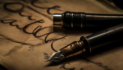 Fototapeta premium Antique fountain pen writes calligraphy on parchment generated by AI