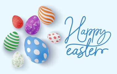 Easter realistic banner. 3d colorful striped, floral, dot pattern eggs at blue background. Happy Easter handwritten calligraphy lettering. Vector illustration for banner, poster, brochure, sale, web.