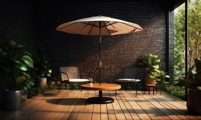 Obraz na płótnie Canvas Outdoor terrace area of modern, luxury tropical brown cafe with vertical plant, generative AI