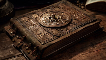 Antique leather bound bible on rustic wooden table generated by AI