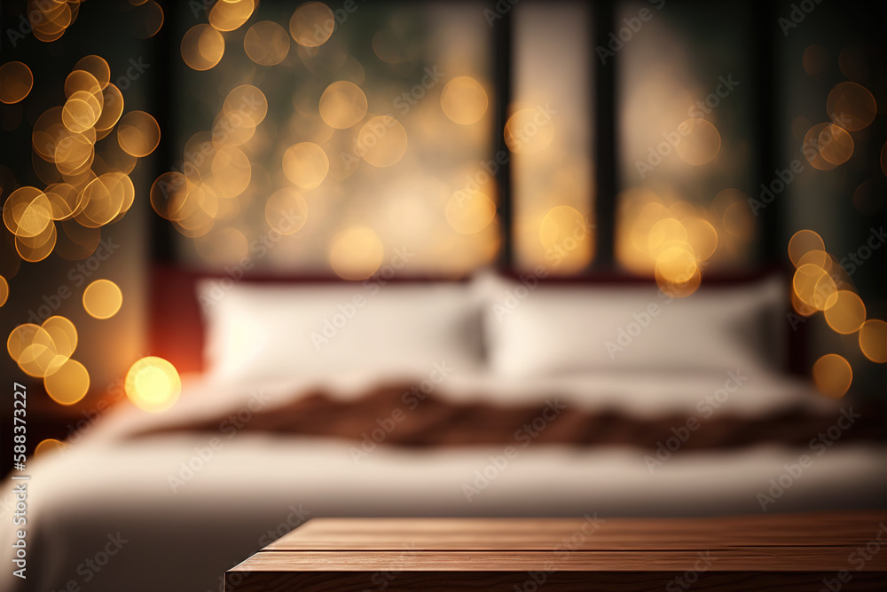 Poster table-top view of beside table or nightstand on blurred cozy night ambiance bedroom with glistening 