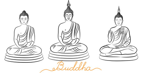 Freehand Drawn Buddha in Various Serene Poses, Rendered in Doodle-Style Drawing with Outlines and Fine Lines to Convey Spiritual and Meditative Qualities.