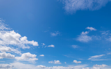 Fototapeta premium Panoramic view of clear blue sky and clouds, Blue sky background with tiny clouds. White fluffy clouds in the blue sky. 