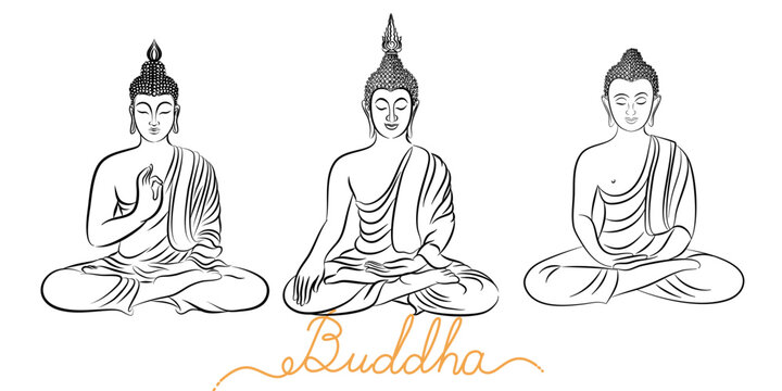 Freehand Drawn Buddha in Various Serene Poses, Rendered in Doodle-Style Drawing with Outlines and Fine Lines to Convey Spiritual and Meditative Qualities.