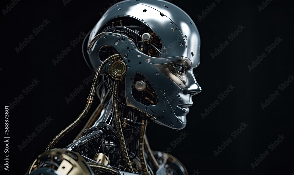 Poster android robot robot head close-up, generative ai