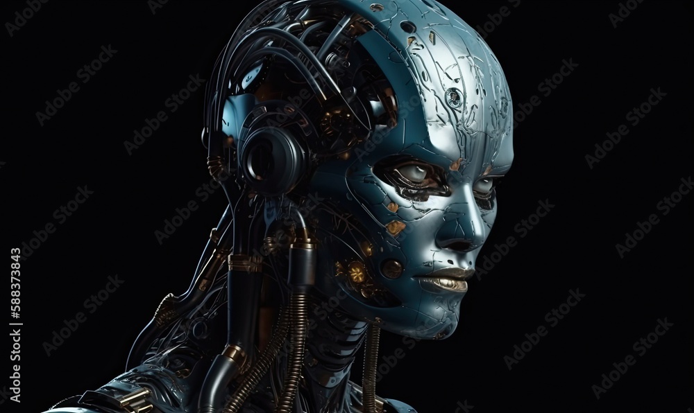 Poster android robot robot head close-up, generative ai
