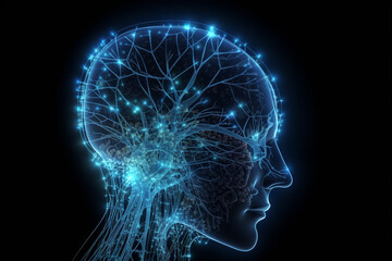 Abstract human brain neural network visualization. Science and technology concept. Blue man face silhouette with neural web visualization. Futuristic looking style. Generative AI