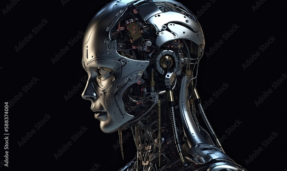 Poster android robot robot head close-up, generative ai