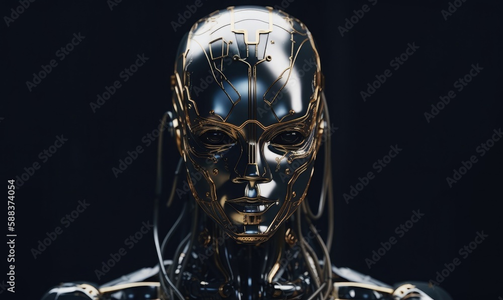 Poster android robot robot head close-up, generative ai