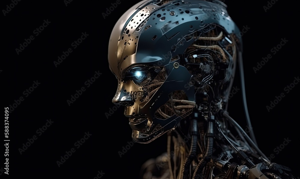 Poster android robot robot head close-up, generative ai