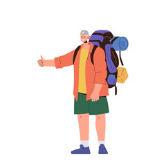 Young boy teenager hitchhiker gesturing thumbs up to stop car for travelling standing on white