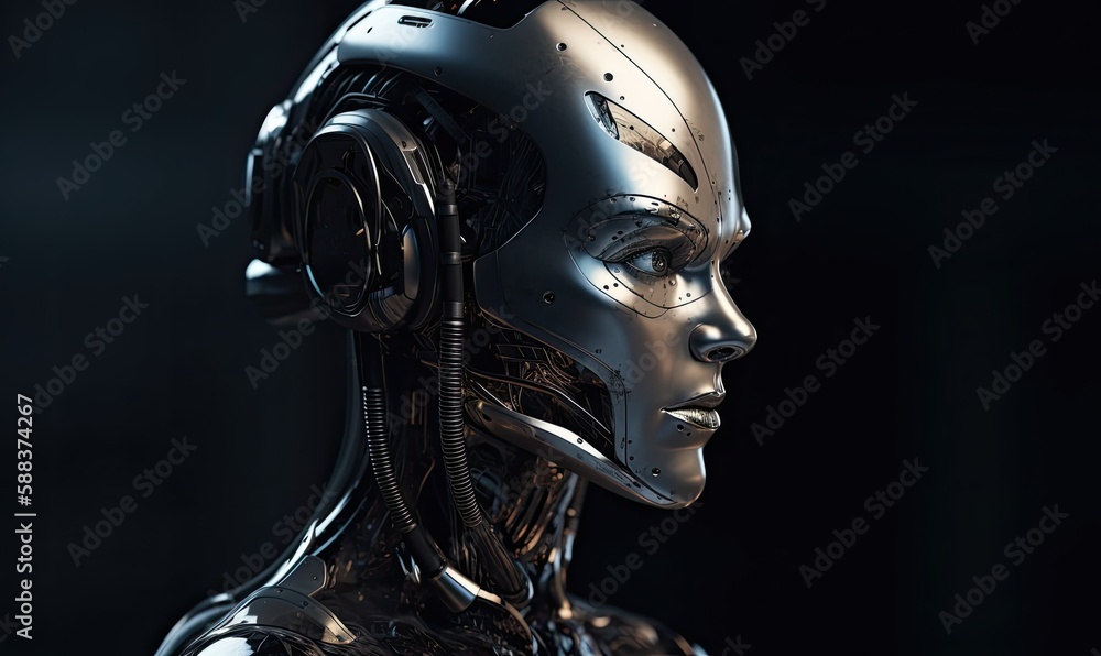 Poster android robot robot head close-up, generative ai
