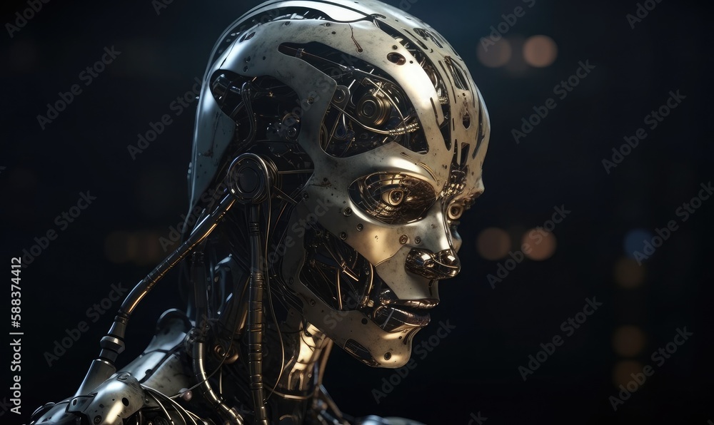 Poster android robot robot head close-up, generative ai