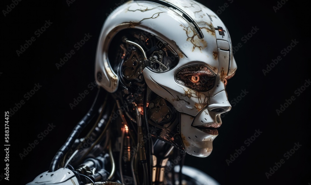 Poster android robot robot head close-up, generative ai